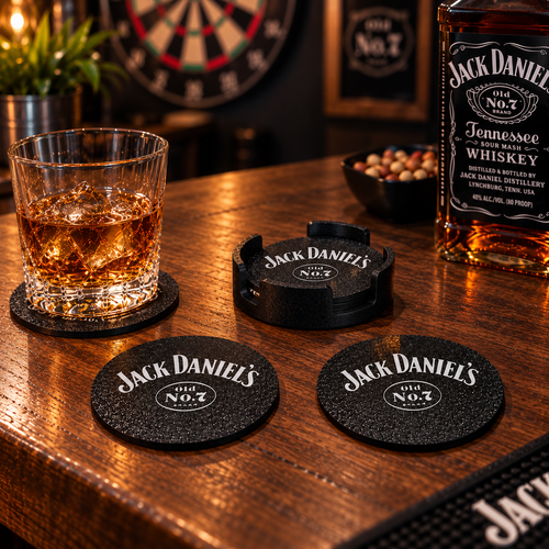 Lot de 4 Sous-Verres Jack Daniel’s avec Support de Rangement – Noir