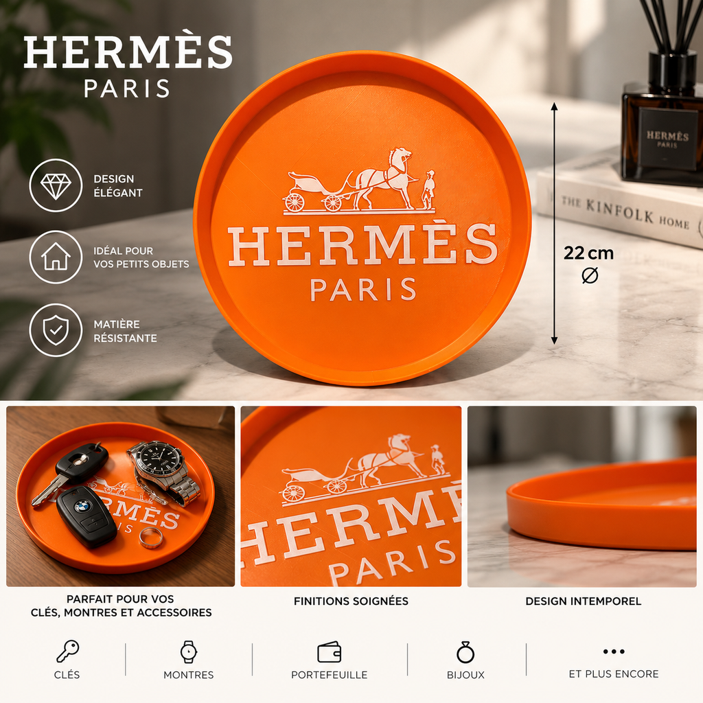 Plateau vide-poche rond orange JN CREATIONS avec logo Hermès, idéal pour organiser bijoux et accessoires au quotidien.