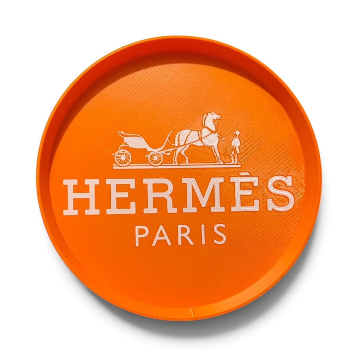 Plateau vide-poche rond orange JN CREATIONS avec logo Hermès blanc, accessoire de rangement élégant en plastique