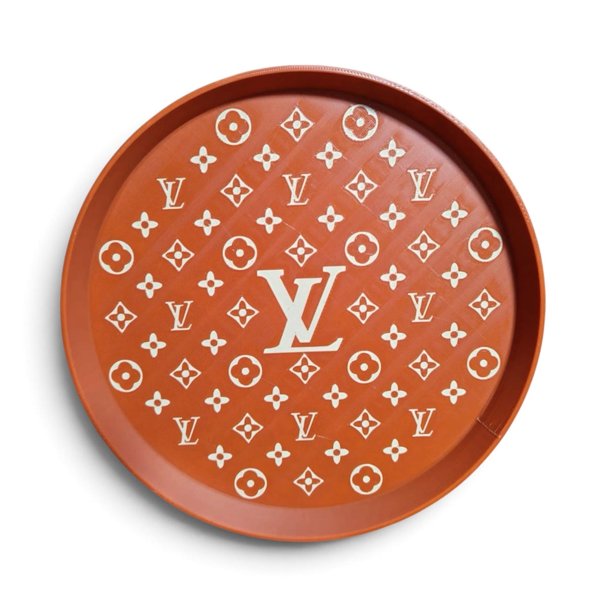 Plateau rond JN CREATIONS orange avec motif monogramme blanc inspiré de Louis Vuitton