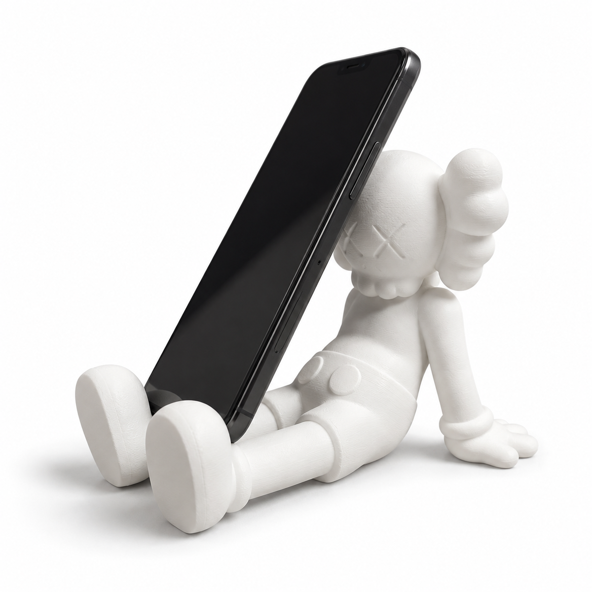 Support de téléphone JN CREATIONS en forme de figurine KAWS blanche imprimée en 3D sur fond blanc